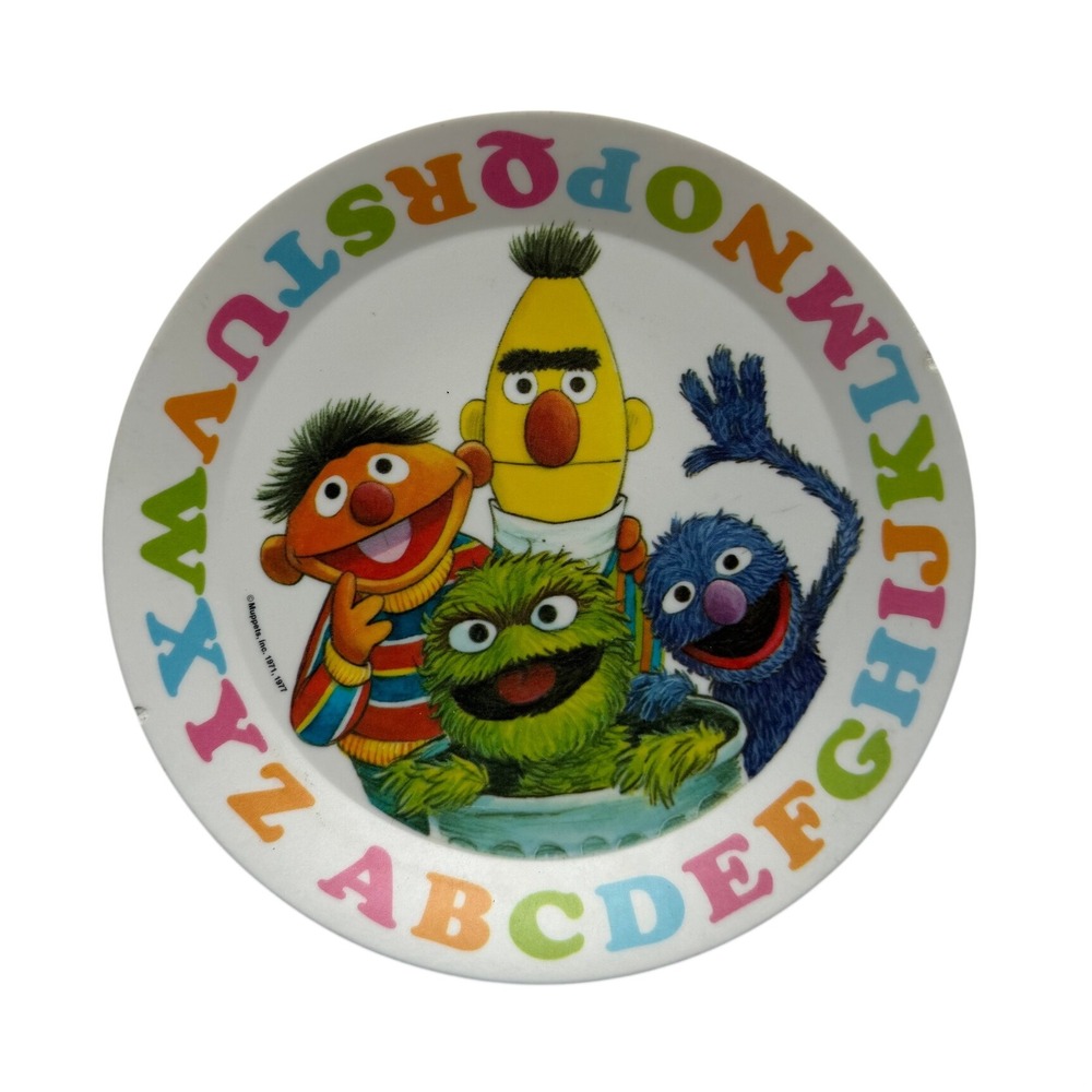 VTG Sesame Street Plate Kids 8" White Bert Ernie Oscar Grover Alphabet Melamine